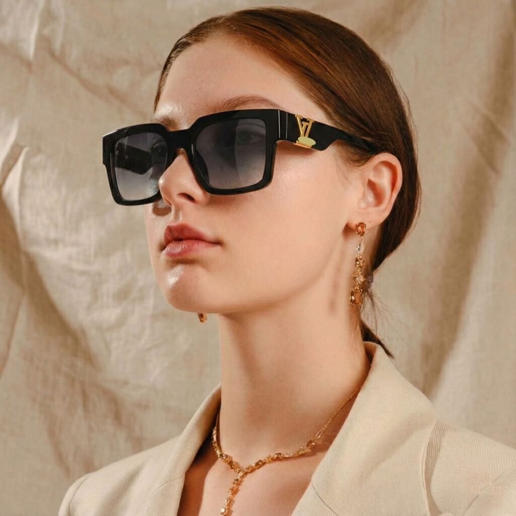 Liza Angel Retro Square Sunglasses - Black Textured Frame with Cool Blue Tinted UV Protected Lens