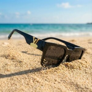 Liza Angel Retro Square Sunglasses - Black Textured Frame with Cool Blue Tinted UV Protected Lens