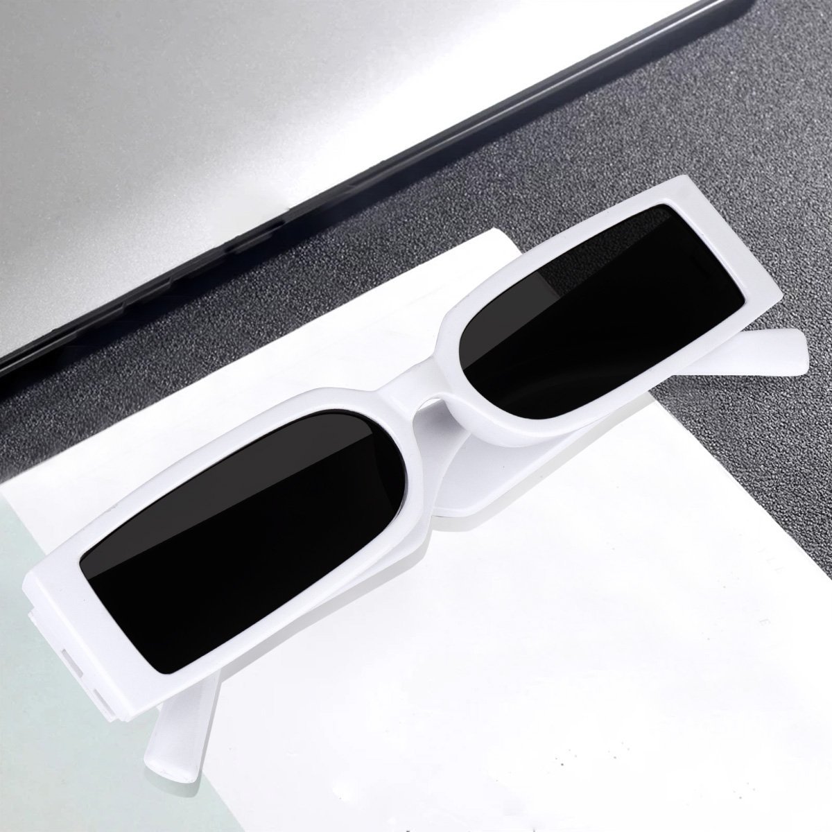 Liza Angel Vintage Narrow Rectangular UV400 Protected Small Frame Inspired MC Stan Stylish Sunglasses (White) - Image 3