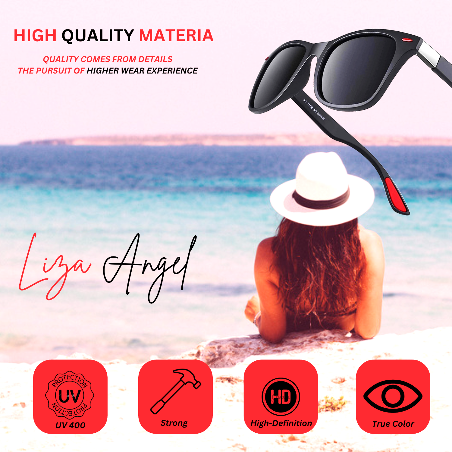 Liza Angel Full Black Square Polarized UV Protection Sunglasses Lightweight Sturdy Matt-Finished Men & Women | Medium | WAY21 - Image 2